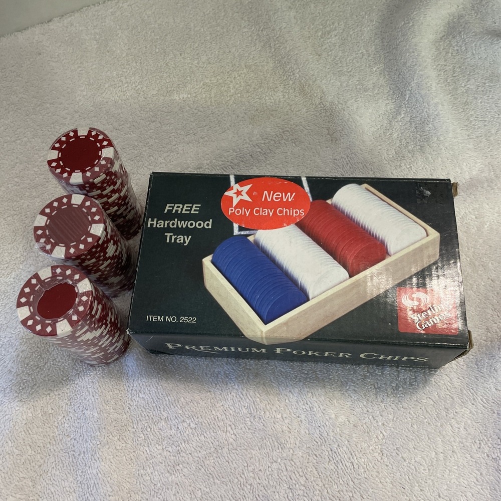 Sterling Games Premium Poker Chips in Wooden Tray, White, Red & Blue Chips, New